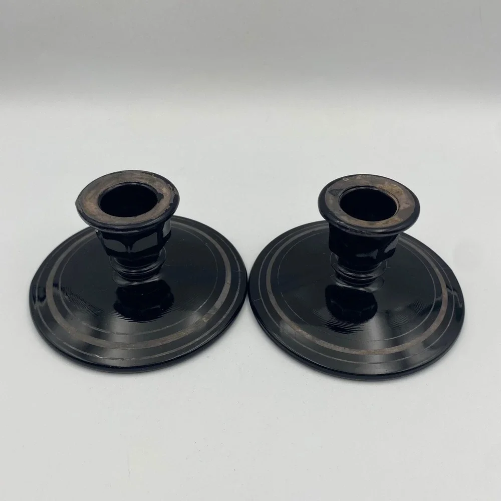 Vintage 1930s Art Deco‎ Black Amethyst Glass Taper Candlestick Holders Set of 2